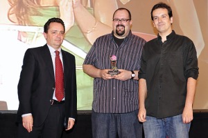 Rafael Cano y Carlos del Olmo, second finalist of 6th International Contest of 3D Digital Animation and Manuel Escudero, Deputy Director General of  Information Technology and Communications 